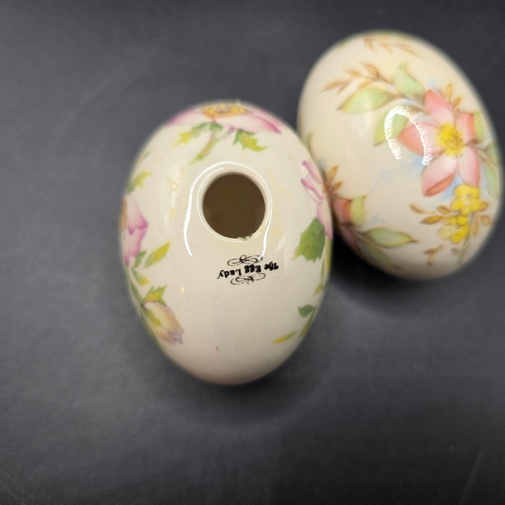 The Egg Lady Vintage Hand Painted Floral Ceramic Eggs Set of 2 Ivory Pink Yellow - Picture 6 of 9